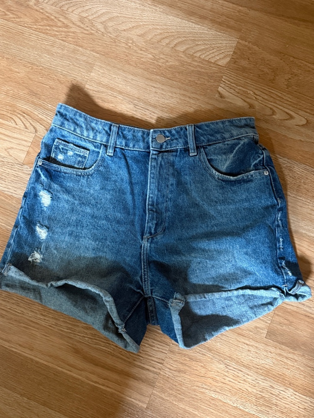 DL1961 Distressed Rolled Hem Denim Shorts in Blue Wash